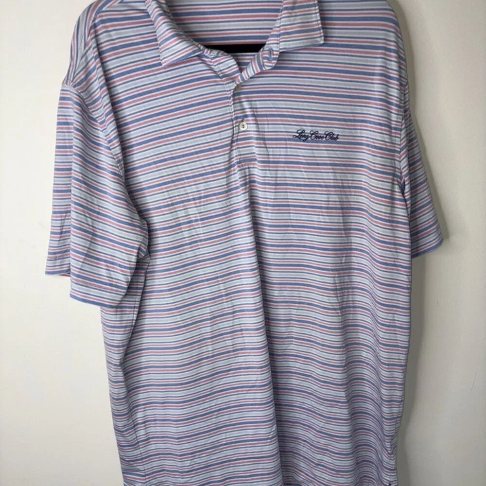 Peter Millar Summer Comfort Blue and Pink Stripe Short Sleeve Polo size Large